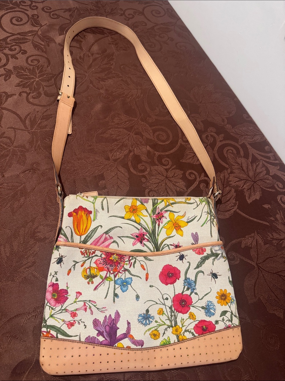 Gucci Flora Canvas Messenger Bag with Tan Leather Trim